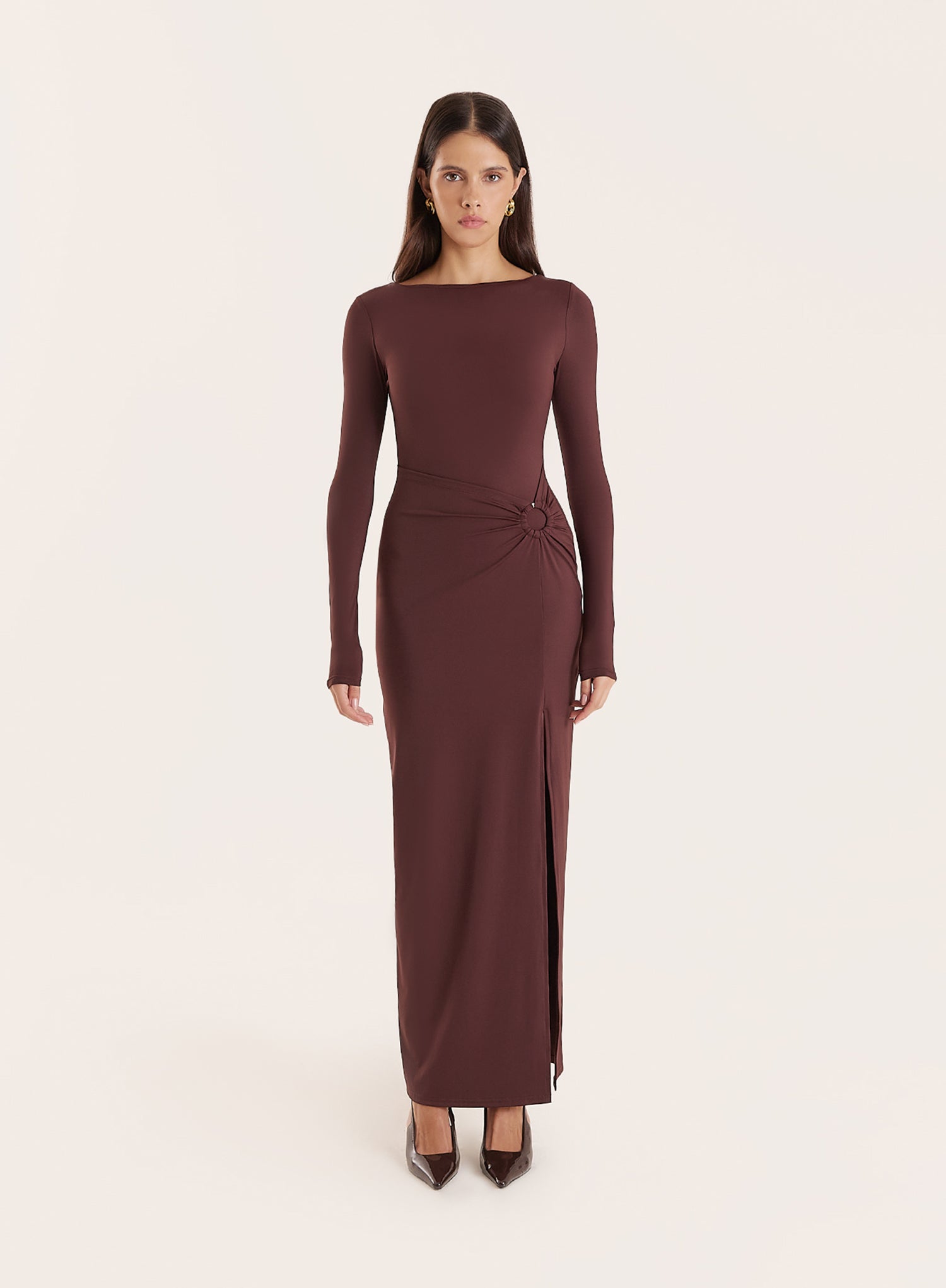Chocolate Long Sleeve Ring Detail Maxi Dress